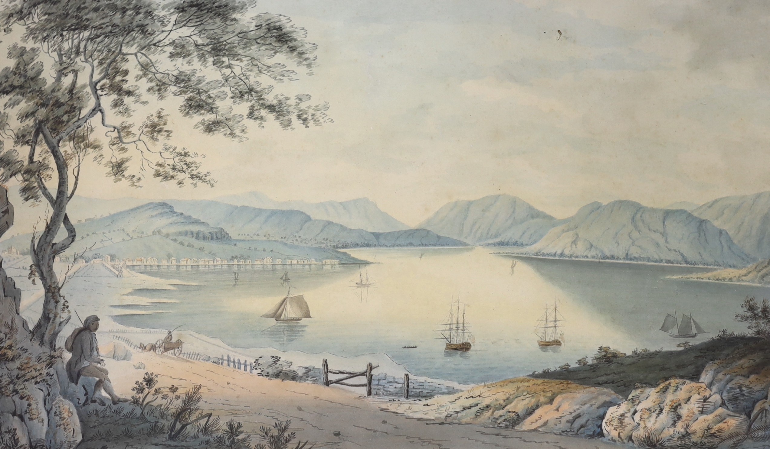19th Century Colonial School, watercolour, Shipping at Anchor, 31 x 52cm